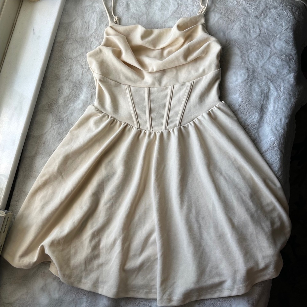 Romantic Corset Mini Dress Cream Color  Sexy Cowl Neck Date Night
